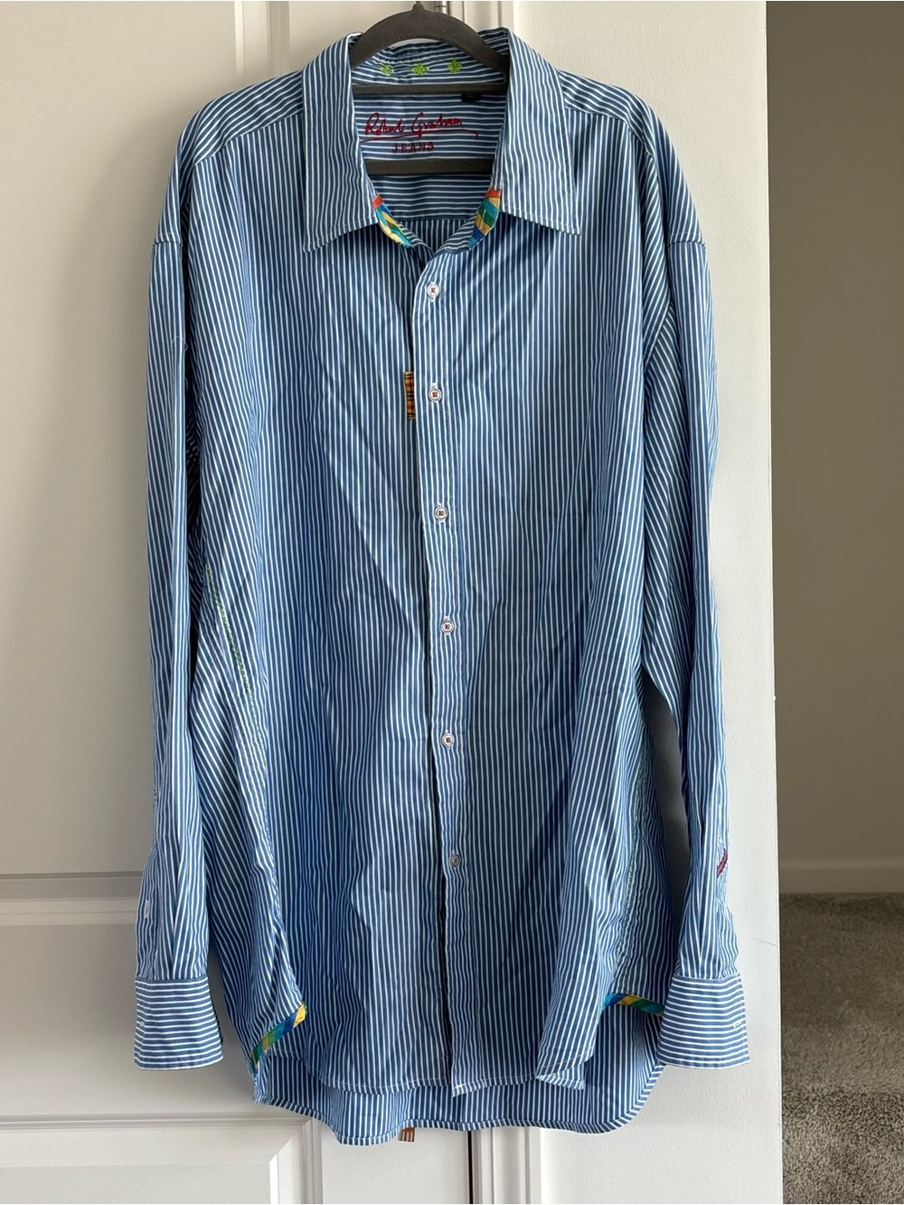 Robert Graham Long Sleeve Striped Button Up Shirt Embroidered Flip Cuff Size 3XL
